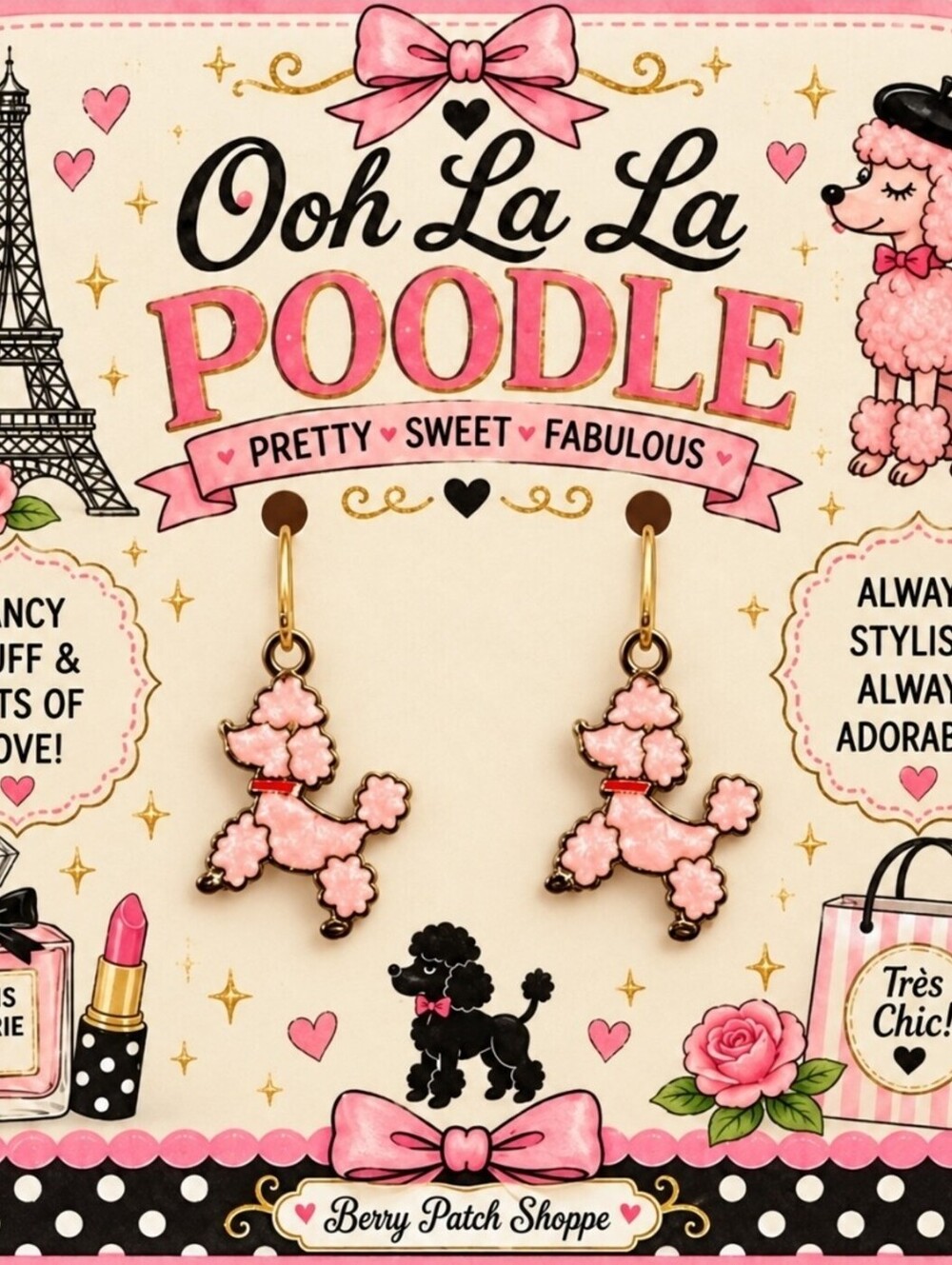 Ooh La La Très Chic Paris French Pink Fancy Fluff Poodle Earrings